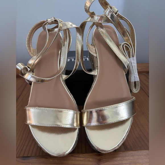 Gold Metallic Cork Platform Sandals Tie Strappy PrettyLittleThing Size 10 - Picture 6 of 12